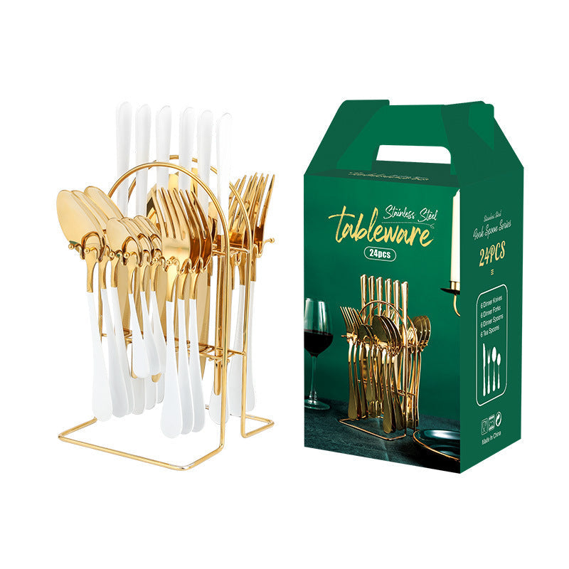 Stainless Steel Flatware Set, 24 Piece Gold with Rack