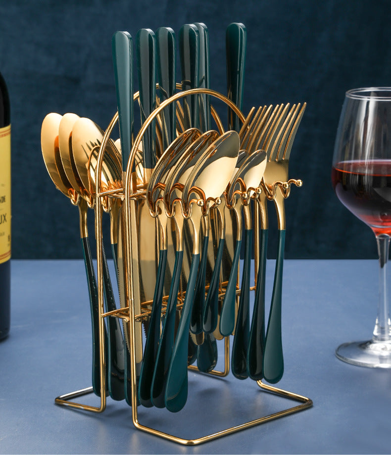Stainless Steel Flatware Set, 24 Piece Gold with Rack