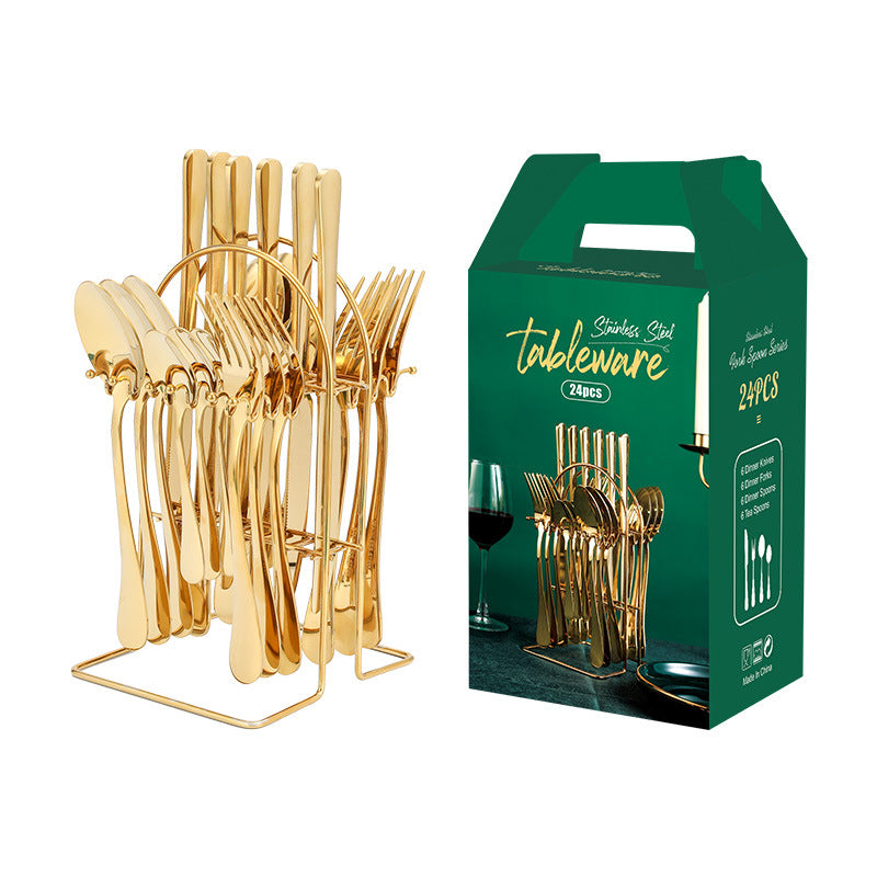 Stainless Steel Flatware Set, 24 Piece Gold with Rack