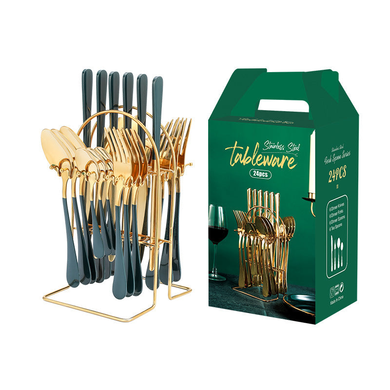 Stainless Steel Flatware Set, 24 Piece Gold with Rack