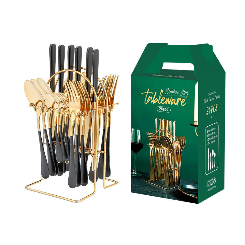 Stainless Steel Flatware Set, 24 Piece Gold with Rack