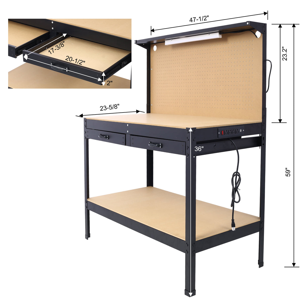 Steel Workbench with Drawer, Pegboard & Power Outlets