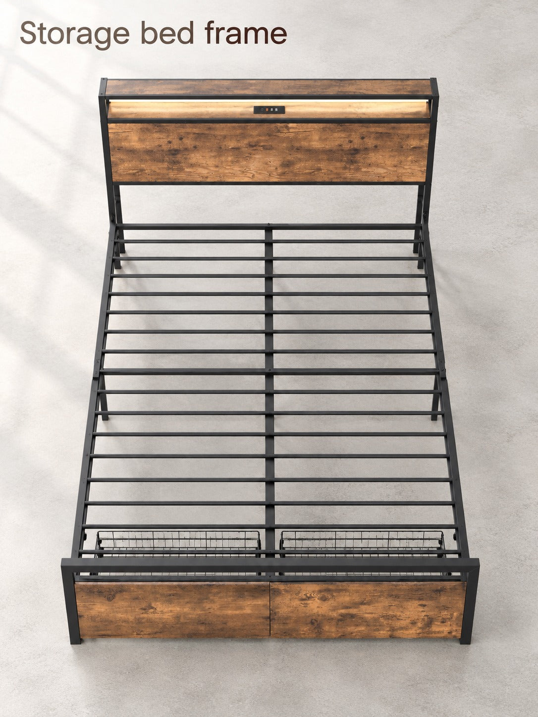 Storage Bed Frame with Charging Station & LED Light