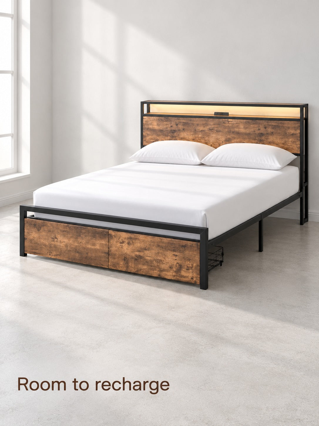Storage Bed Frame with Charging Station & LED Light
