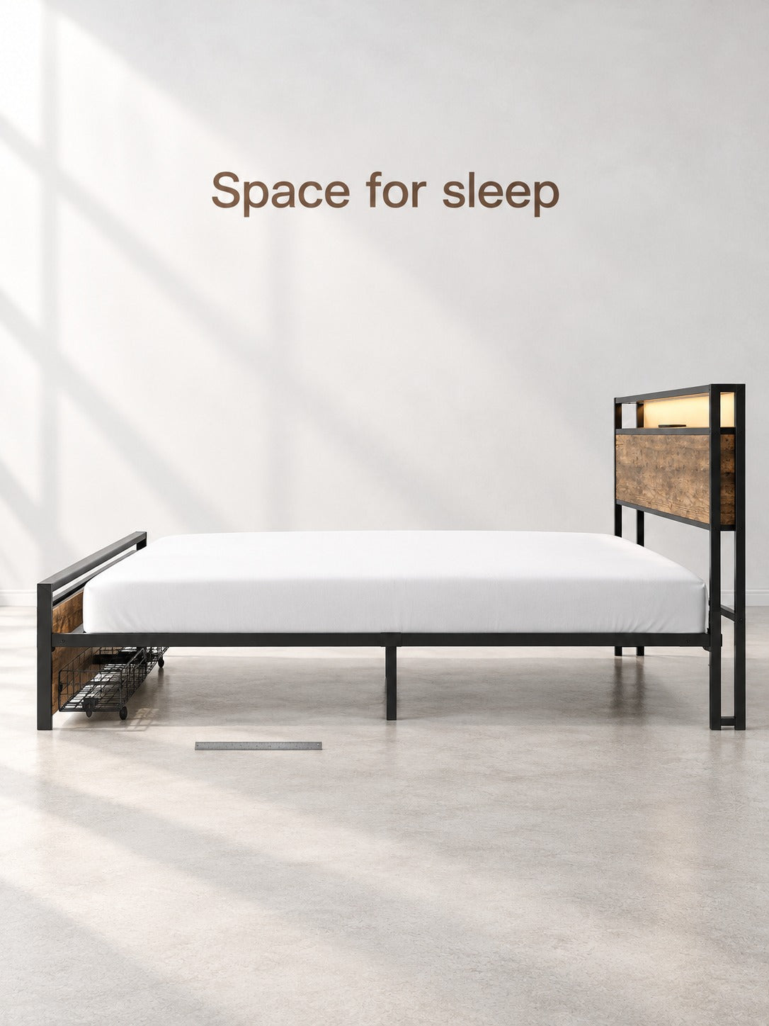 Storage Bed Frame with Charging Station & LED Light