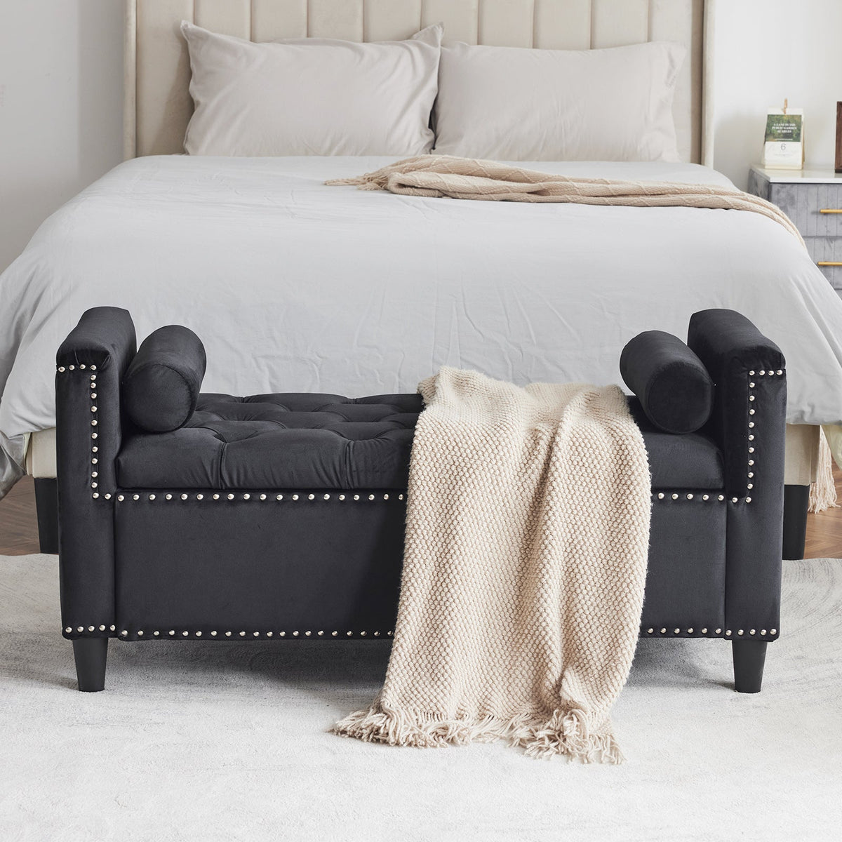 Black Velvet Storage Bench with Tufted Lift Top