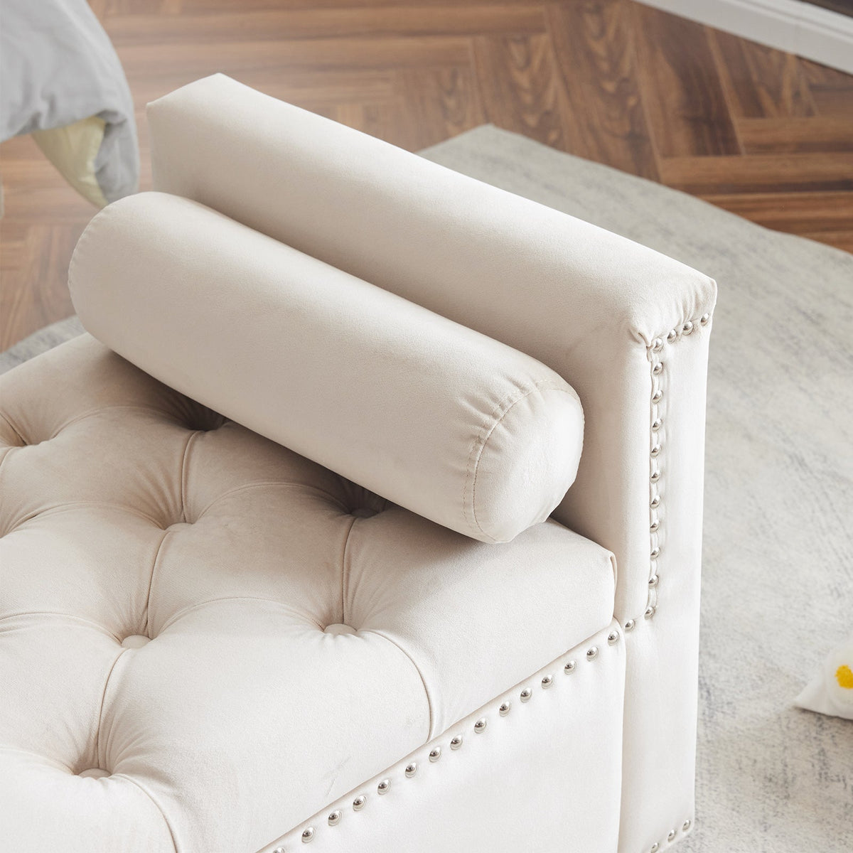 Cream Velvet Storage Bench with Nailhead Trim, 44.5