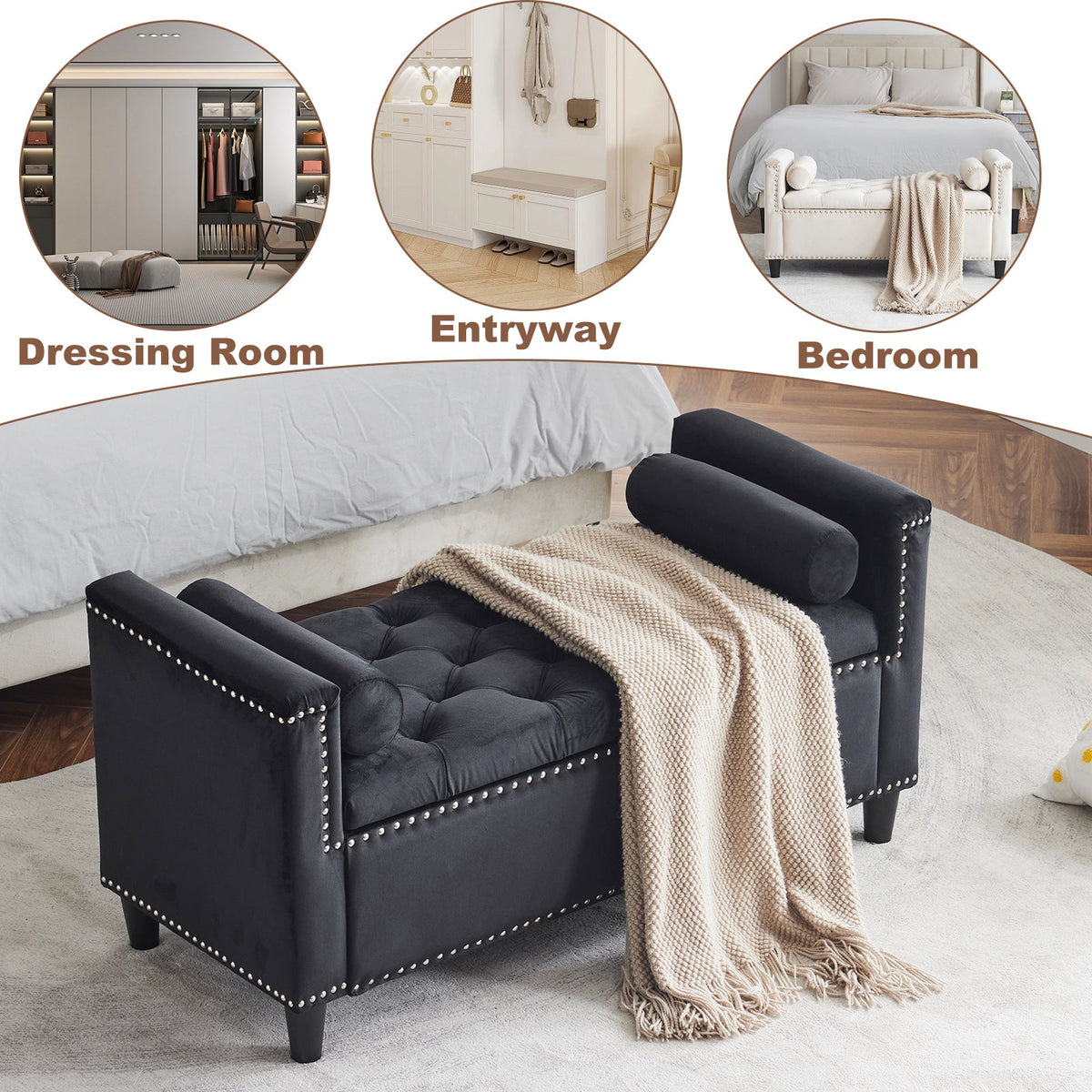 Black Velvet Storage Bench with Tufted Lift Top