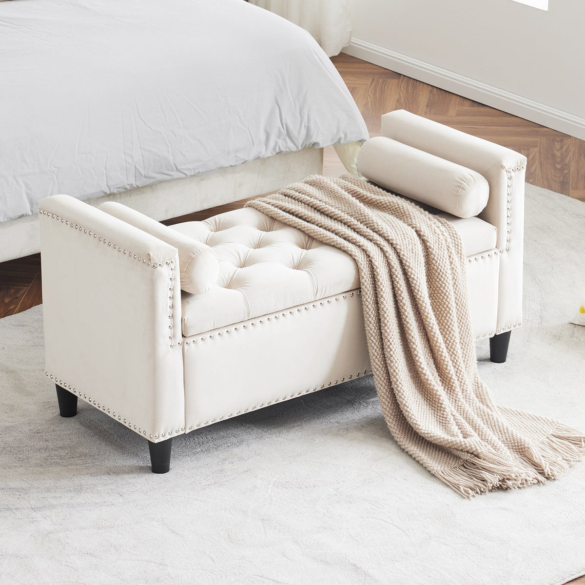 Cream Velvet Storage Bench with Nailhead Trim, 44.5