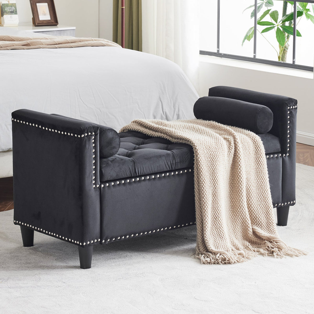 Black Velvet Storage Bench with Tufted Lift Top
