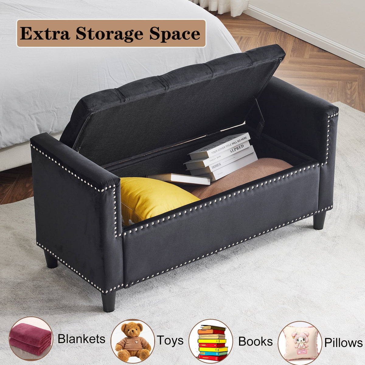 Black Velvet Storage Bench with Tufted Lift Top