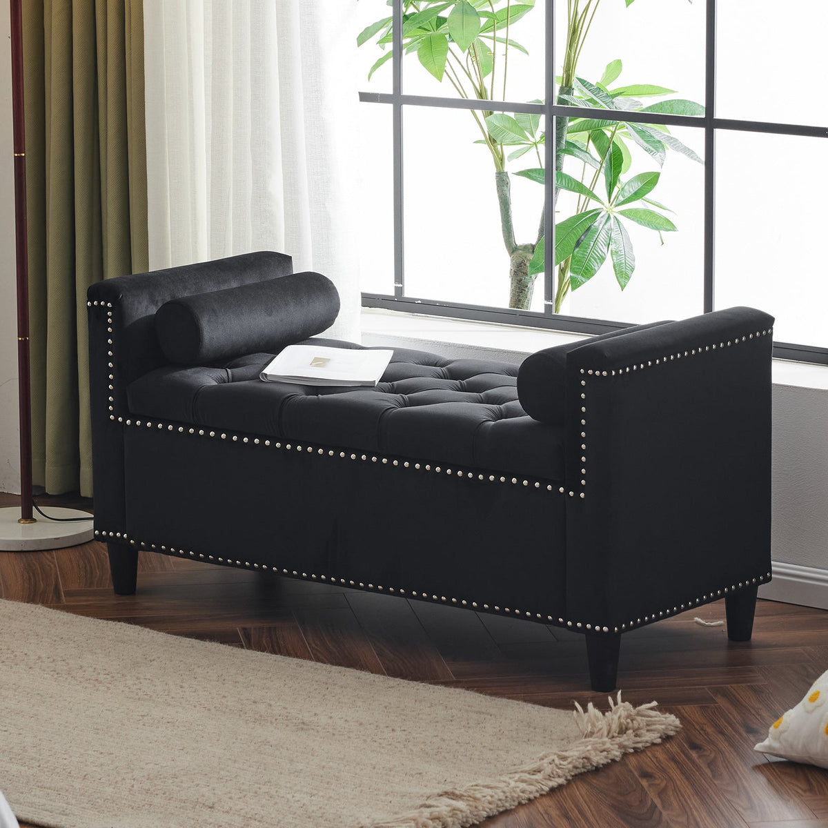 Black Velvet Storage Bench with Tufted Lift Top