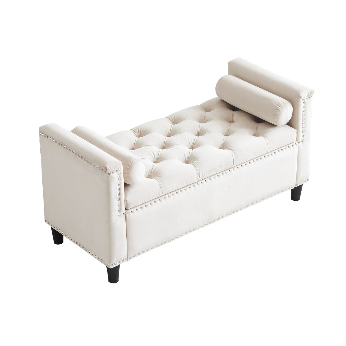 Cream Velvet Storage Bench with Nailhead Trim, 44.5