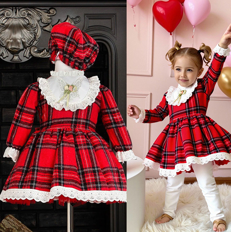 Girls Plaid Christmas Dress With Matching Party Hat
