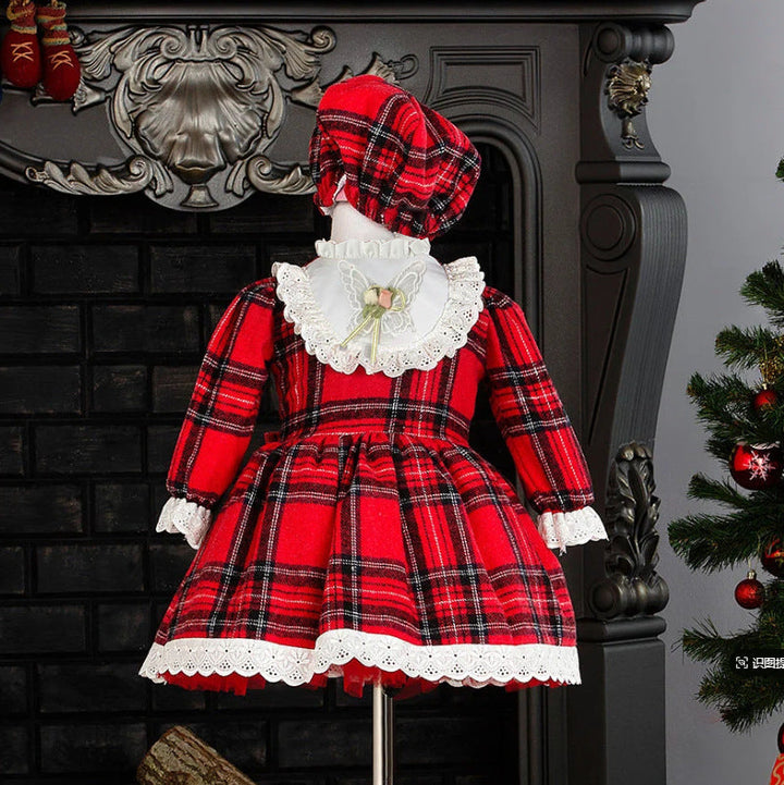 Girls Plaid Christmas Dress With Matching Party Hat
