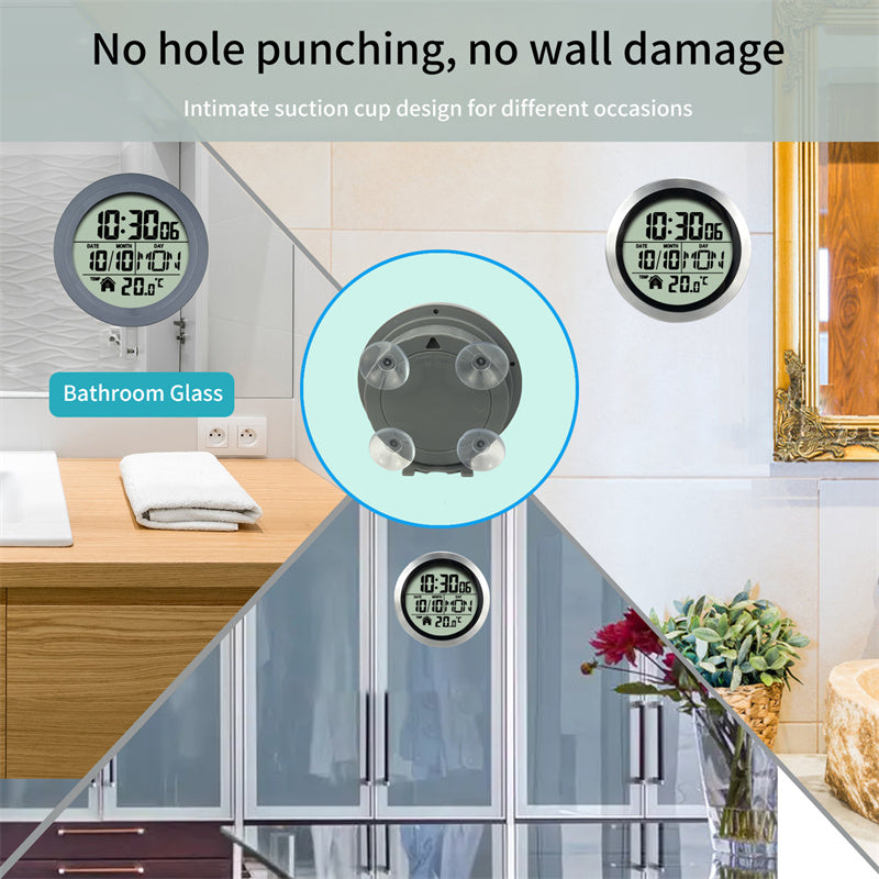Digital Bathroom Wall Clock With No-Drill Mounting