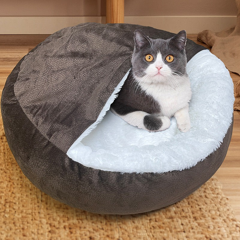 Enclosed Plush Cat Bed for Cozy, Calming Indoor Sleep