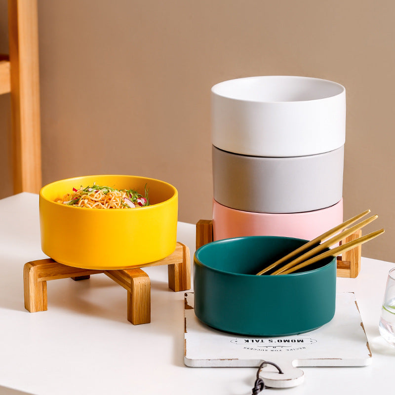Elevated Ceramic Bowl With Wood Stand, Pet or Kitchen