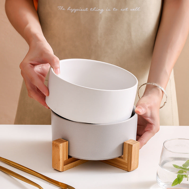 Elevated Ceramic Bowl With Wood Stand, Pet or Kitchen