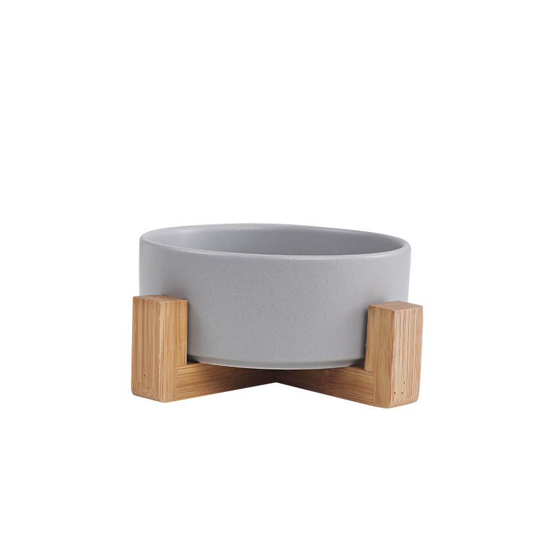 Elevated Ceramic Bowl With Wood Stand, Pet or Kitchen