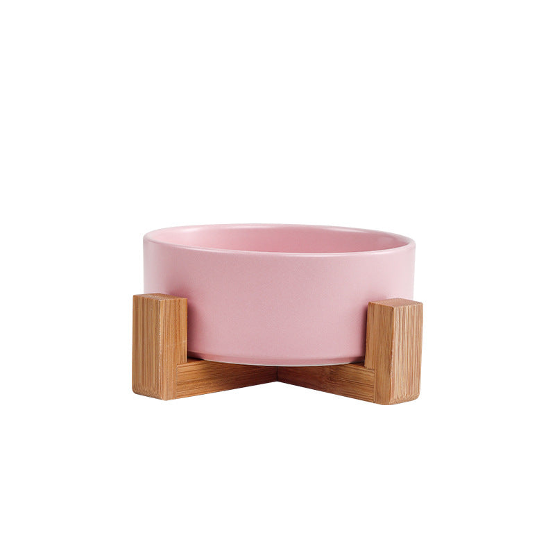 Elevated Ceramic Bowl With Wood Stand, Pet or Kitchen
