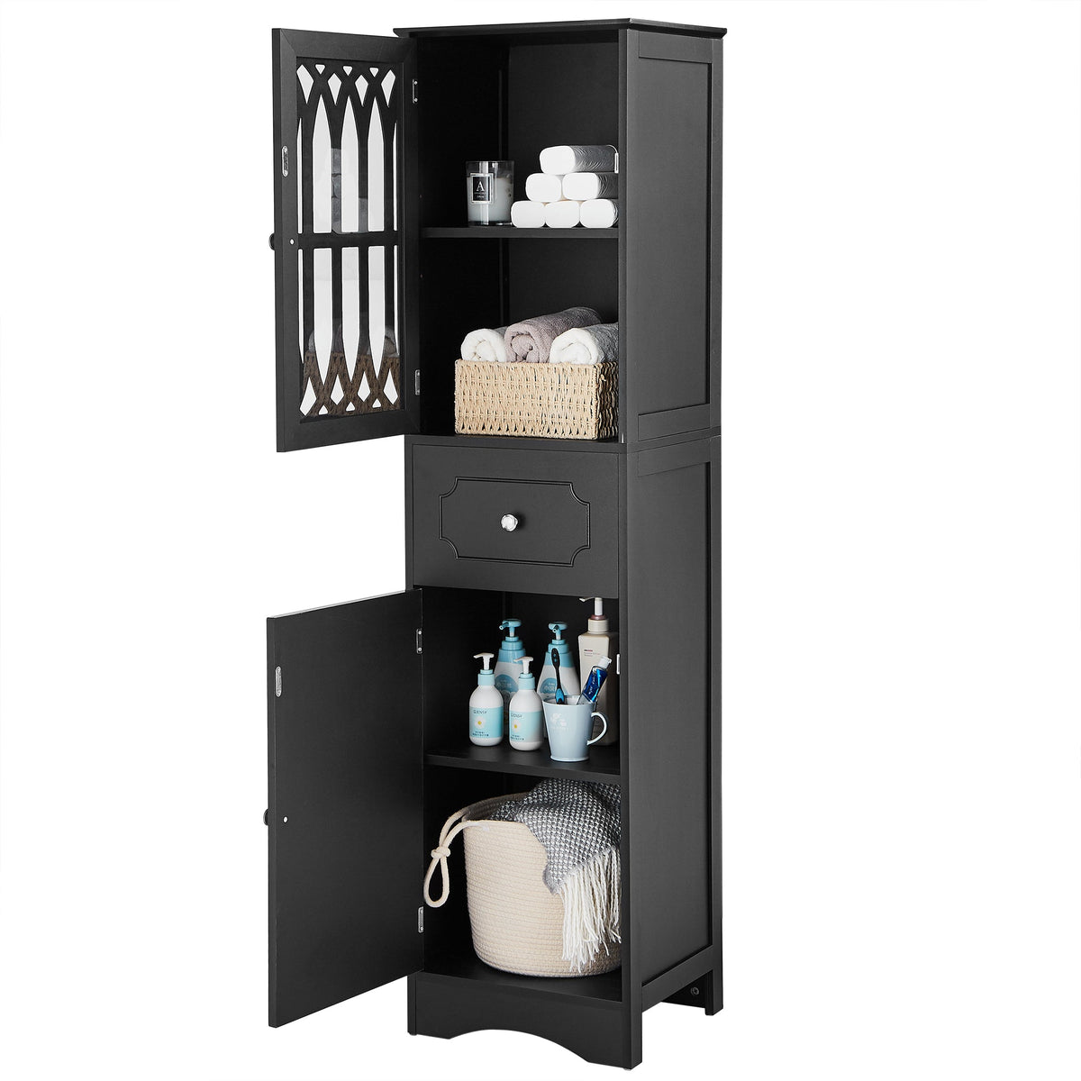 Tall Bathroom Cabinet with Drawer, Doors & Adjustable Shelf
