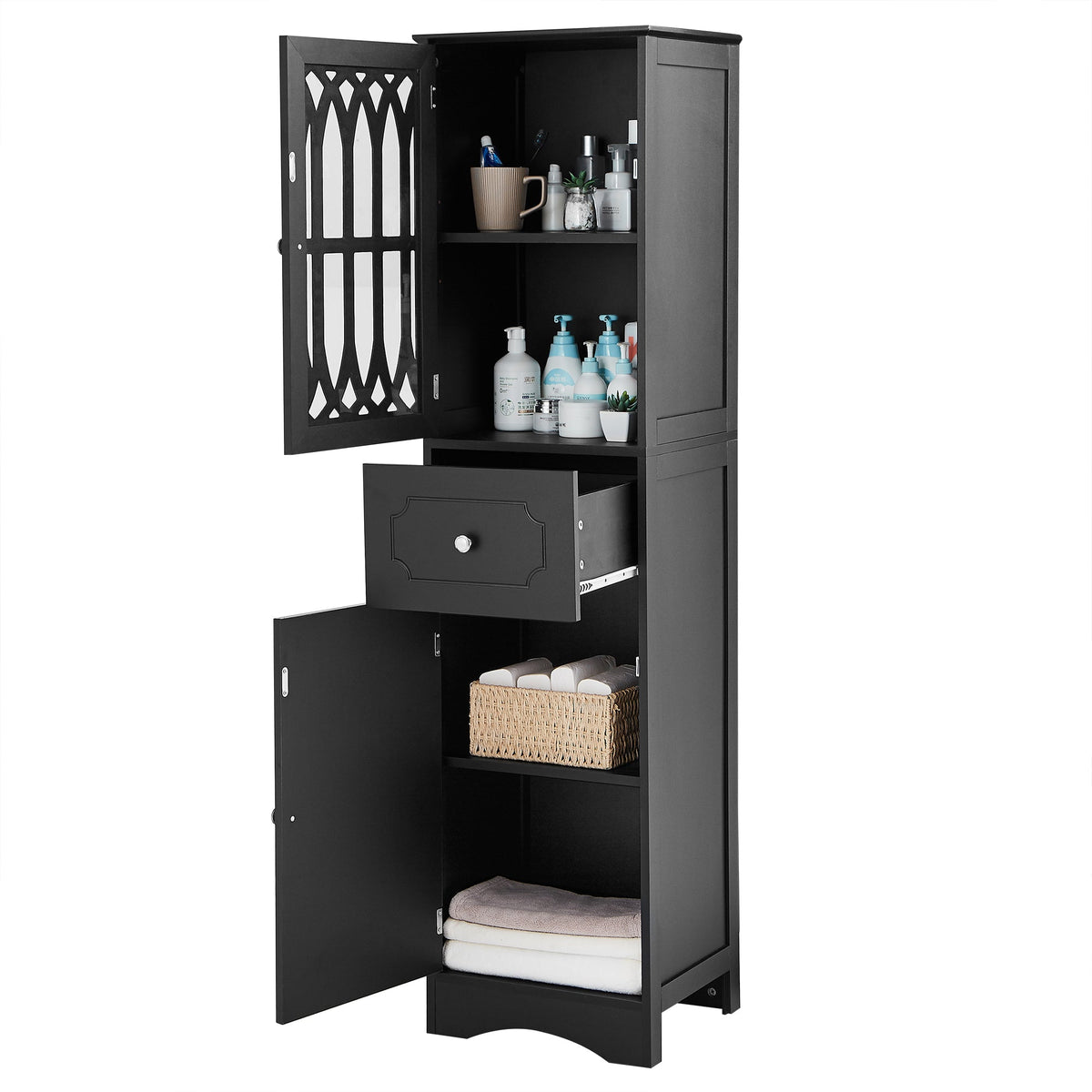 Tall Bathroom Cabinet with Drawer, Doors & Adjustable Shelf