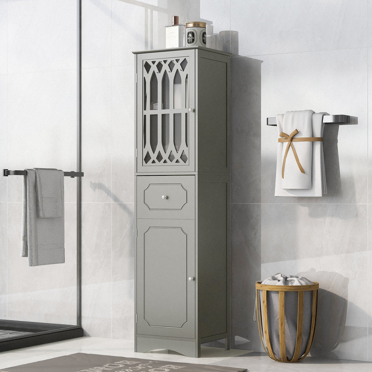 Tall Bathroom Cabinet with Drawer and Adjustable Shelf
