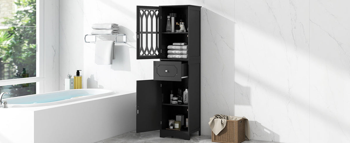 Tall Bathroom Cabinet with Drawer, Doors & Adjustable Shelf