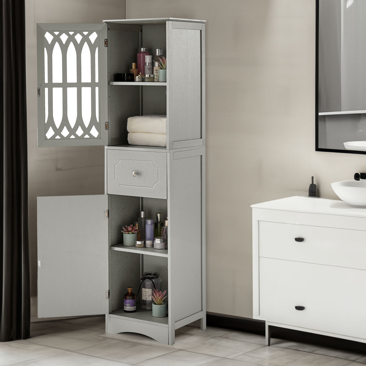 Tall Bathroom Cabinet with Drawer and Adjustable Shelf