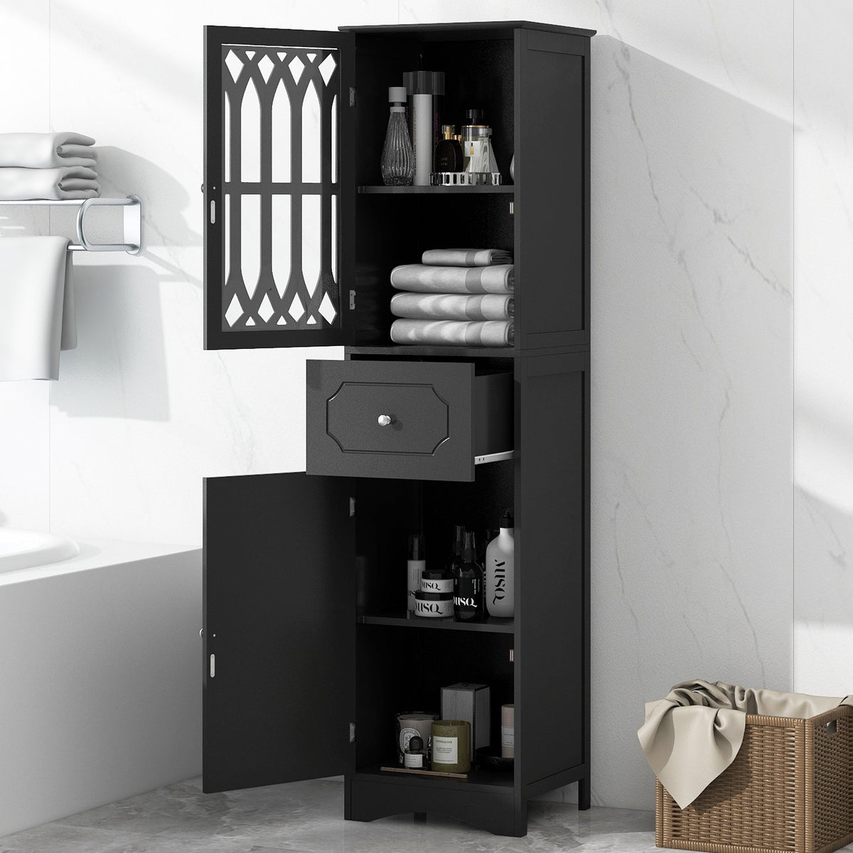 Tall Bathroom Cabinet with Drawer, Doors & Adjustable Shelf