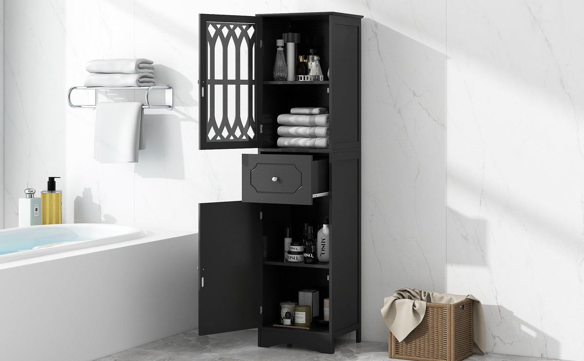 Tall Bathroom Cabinet with Drawer, Doors & Adjustable Shelf