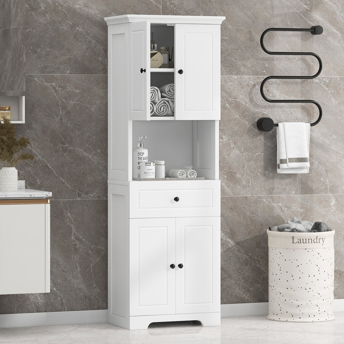 Tall Bathroom Storage Cabinet with Doors and Open Shelf