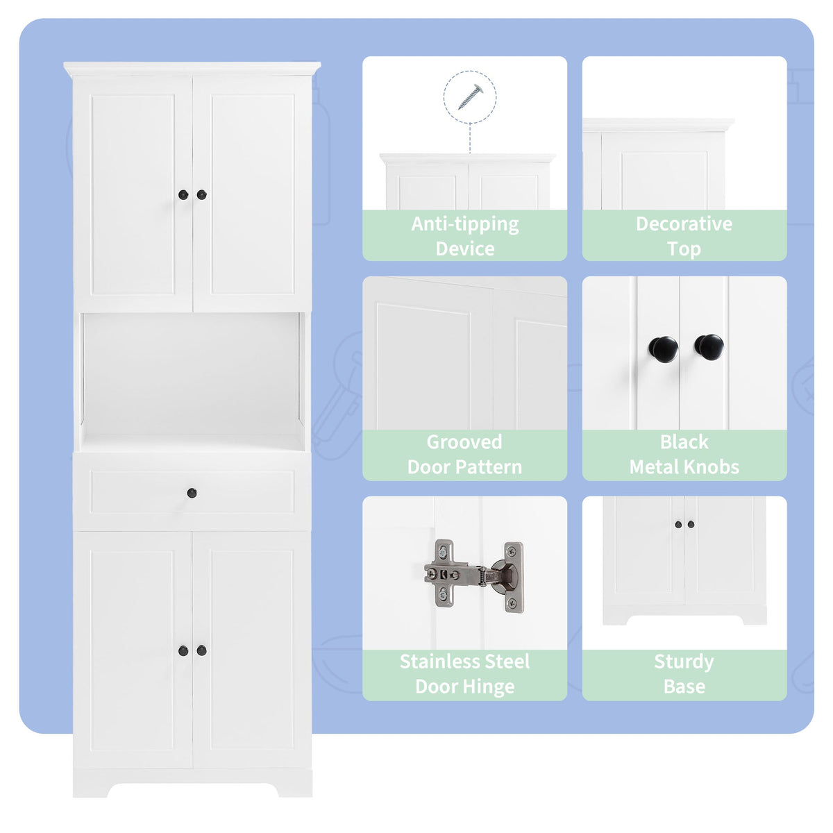 Tall Bathroom Storage Cabinet with Doors and Open Shelf