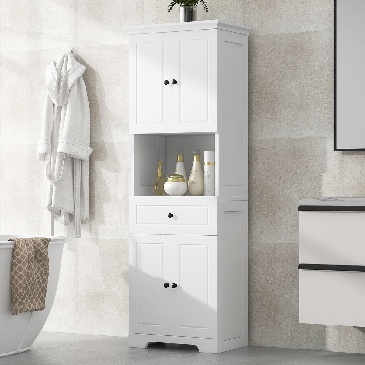 Tall Bathroom Storage Cabinet with Doors and Open Shelf