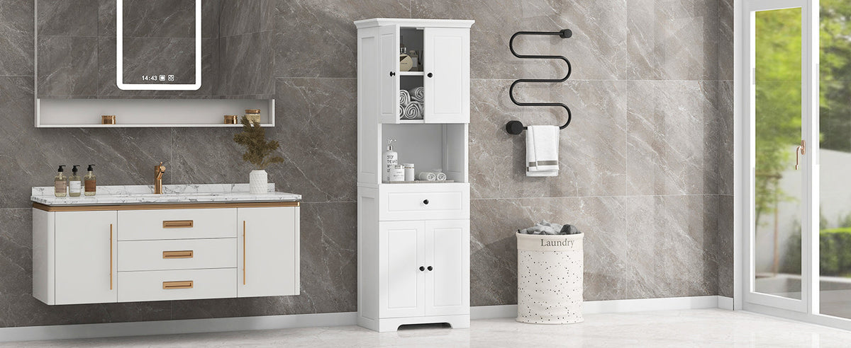 Tall Bathroom Storage Cabinet with Doors and Open Shelf