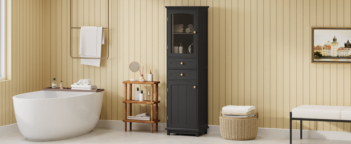 Tall Bathroom Storage Cabinet with Glass Door and Drawers