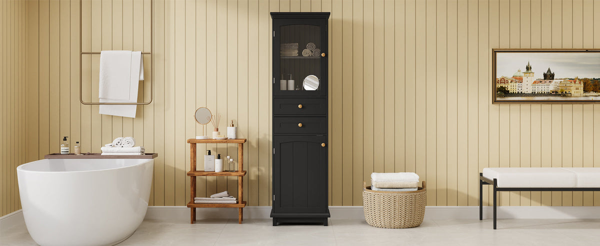 Tall Bathroom Storage Cabinet with Glass Door and Drawers