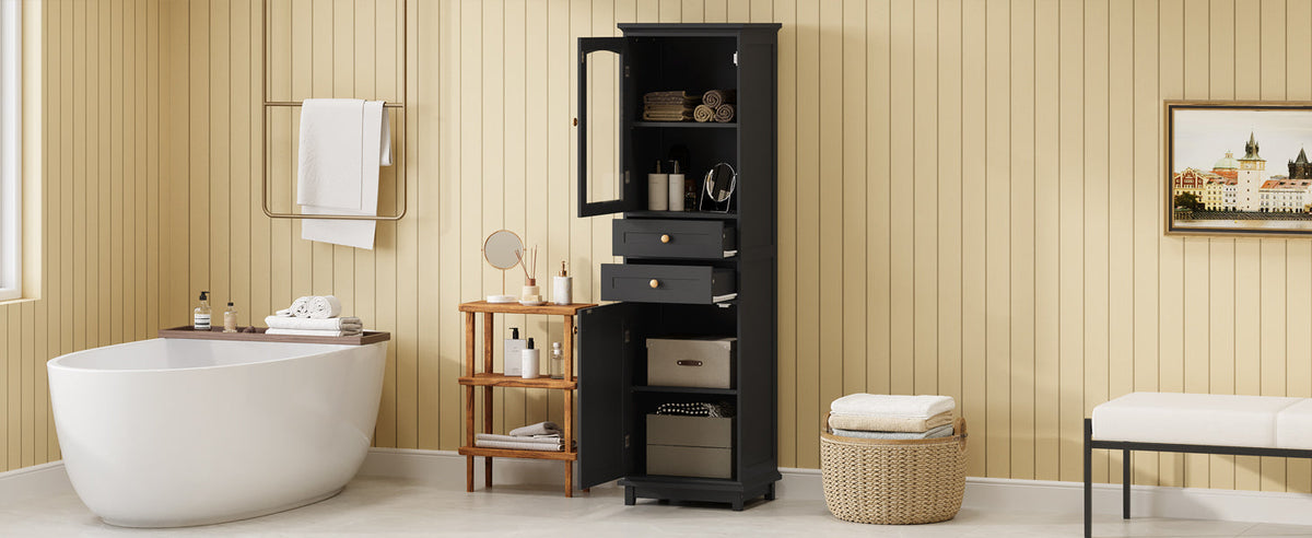 Tall Bathroom Storage Cabinet with Glass Door and Drawers
