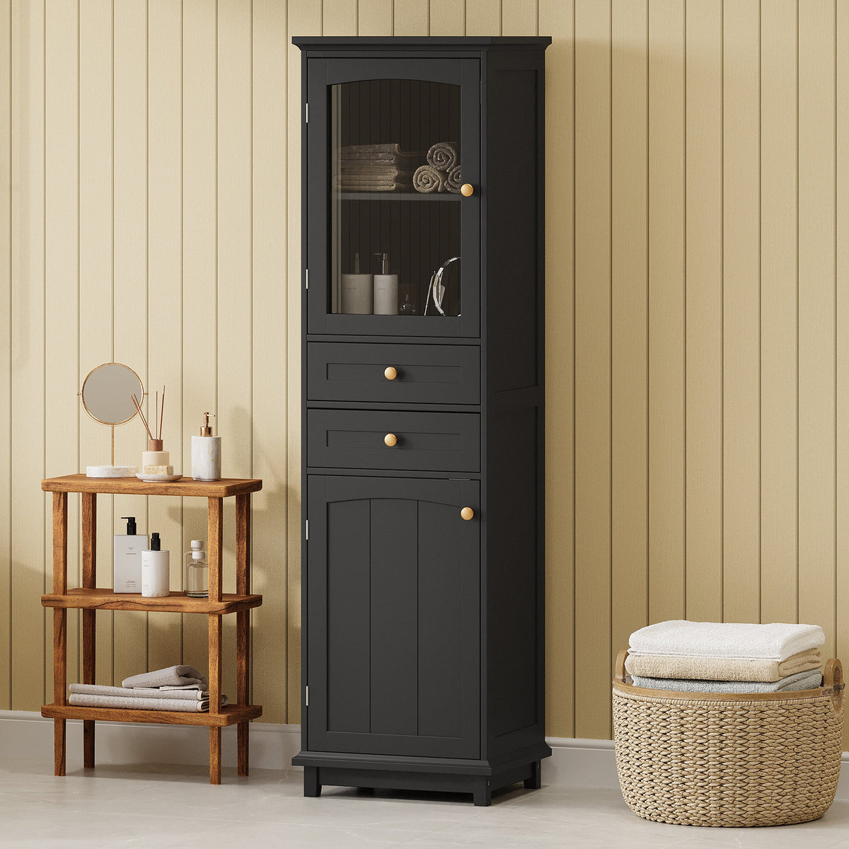 Tall Bathroom Storage Cabinet with Glass Door and Drawers