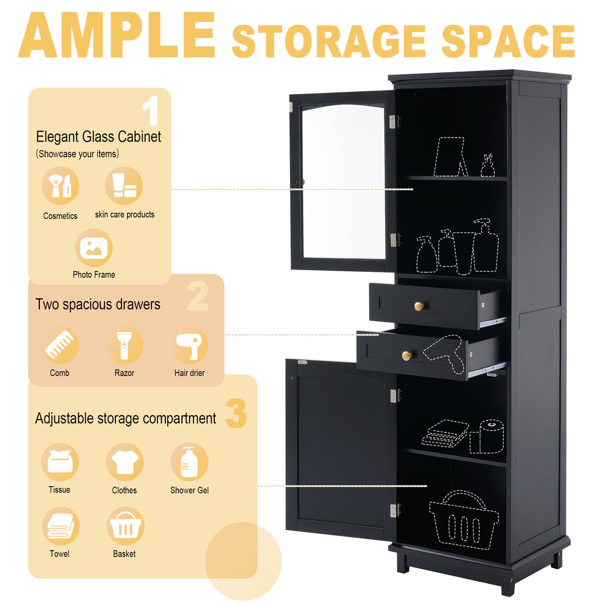 Tall Bathroom Storage Cabinet with Glass Door and Drawers