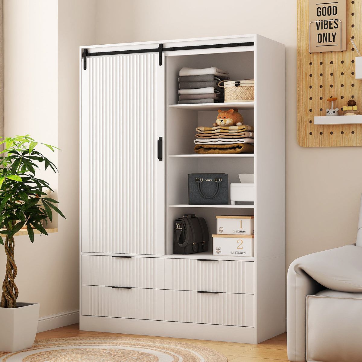 Tall White Bedroom Armoire with Hanging Rod and Drawers