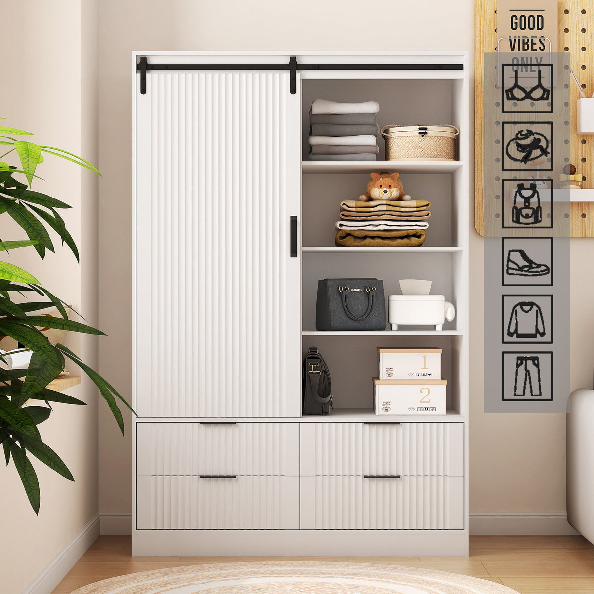 Tall White Bedroom Armoire with Hanging Rod and Drawers
