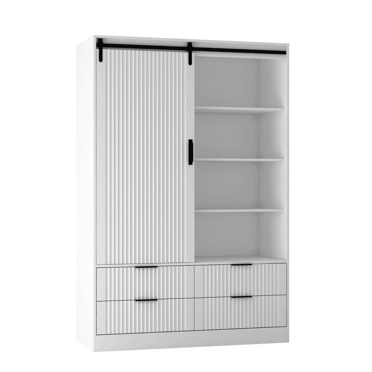 Tall White Bedroom Armoire with Hanging Rod and Drawers