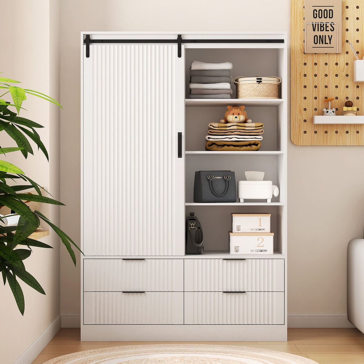 Tall White Bedroom Armoire with Hanging Rod and Drawers