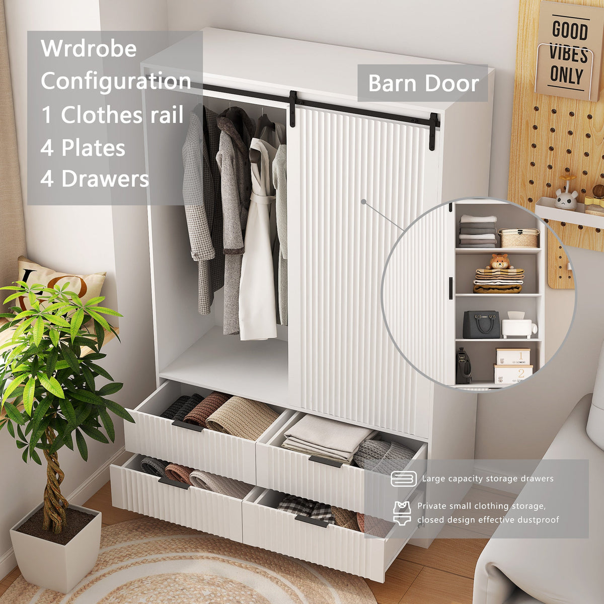 Tall White Bedroom Armoire with Hanging Rod and Drawers