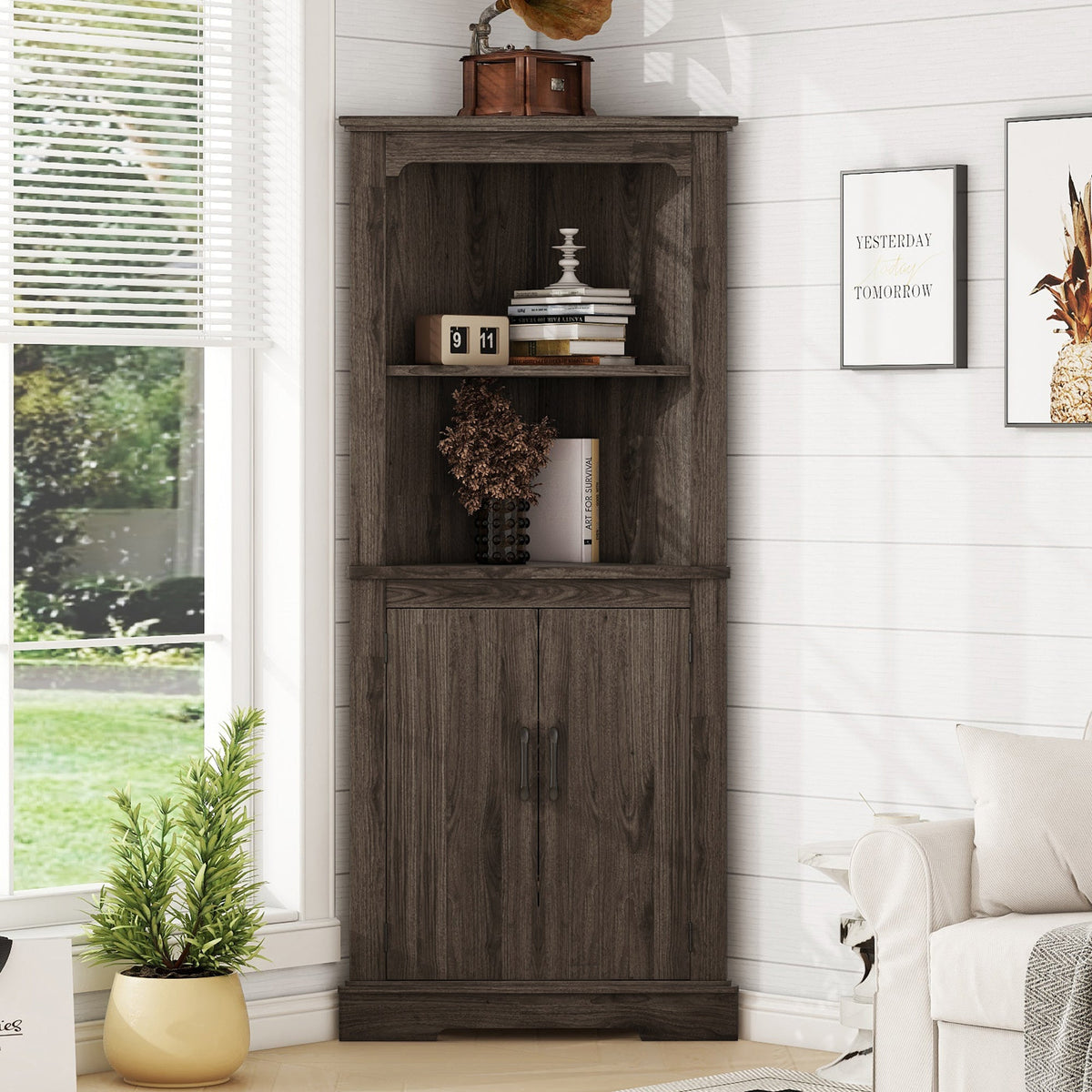 Tall Corner Cabinet with Doors and Display Storage