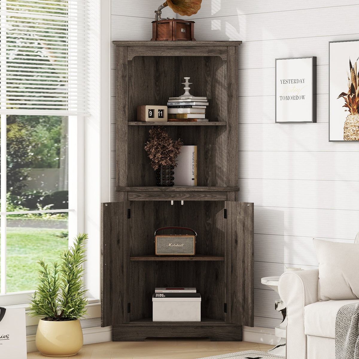 Tall Corner Cabinet with Doors and Display Storage