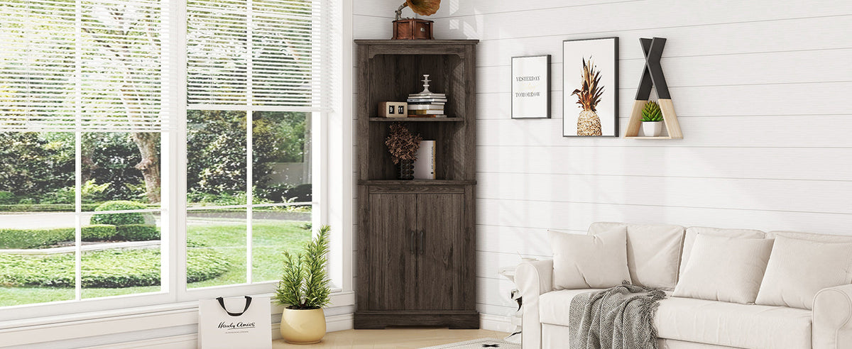 Tall Corner Cabinet with Doors and Display Storage