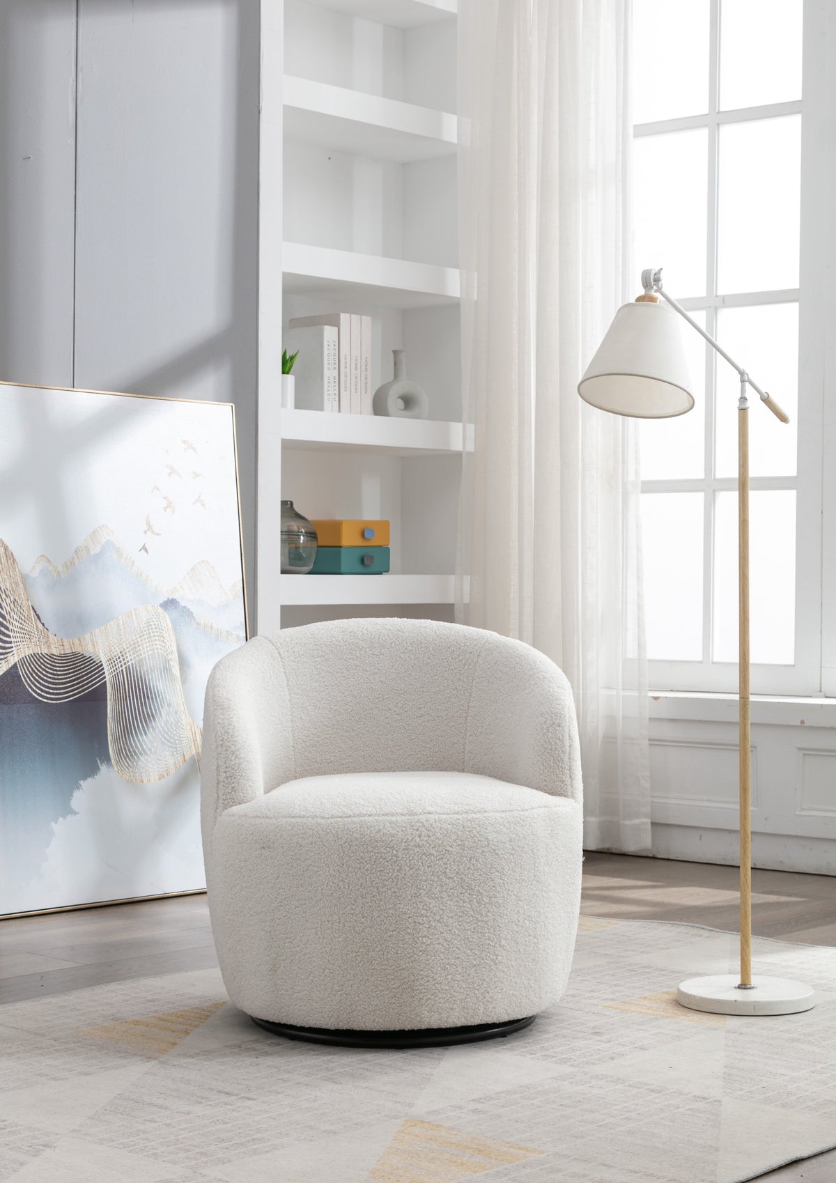 Ivory Boucle Swivel Accent Armchair, Cozy Barrel Back
